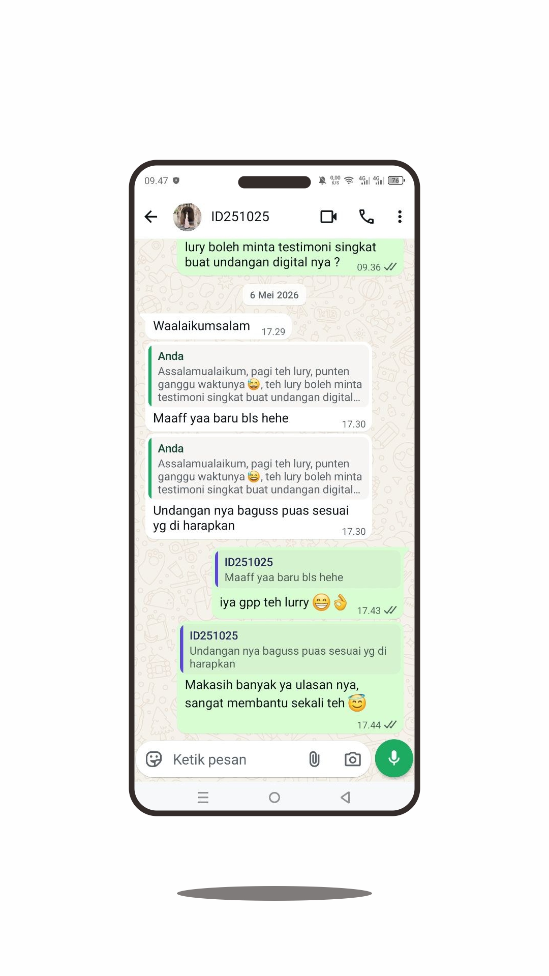Screenshot testimoni WhatsApp ID251025