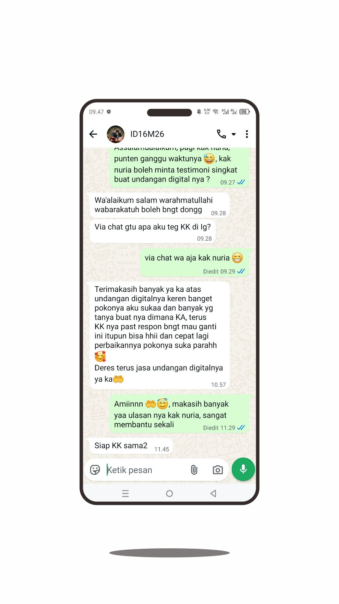 Screenshot testimoni WhatsApp ID16M26